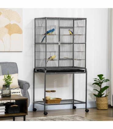 Rolling Bird Cage w/ Detachable Stand, Storage Shelf, Wood Perch, Food Container