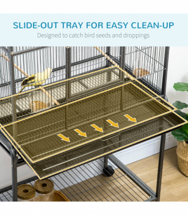 Rolling Bird Cage w/ Detachable Stand, Storage Shelf, Wood Perch, Food Container