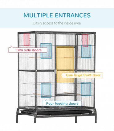 Rolling Bird Cage w/ Detachable Stand, Storage Shelf, Wood Perch, Food Container