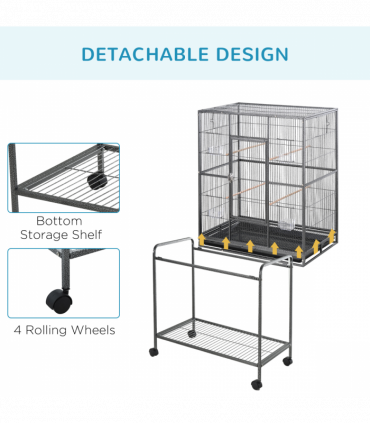 Rolling Bird Cage w/ Detachable Stand, Storage Shelf, Wood Perch, Food Container