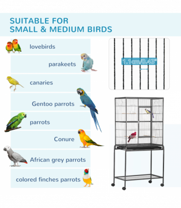 Rolling Bird Cage w/ Detachable Stand, Storage Shelf, Wood Perch, Food Container