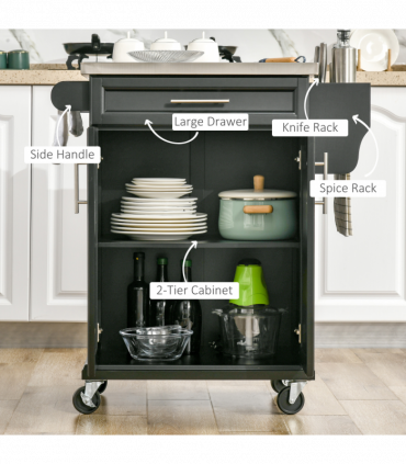 Rolling Kitchen Cart Storage Trolley with Drawer Towel Rail Steel Black HOMCOM