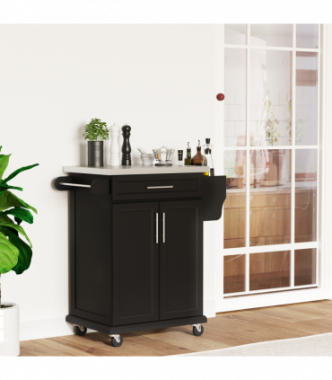 Rolling Kitchen Cart Storage Trolley with Drawer Towel Rail Steel Black HOMCOM