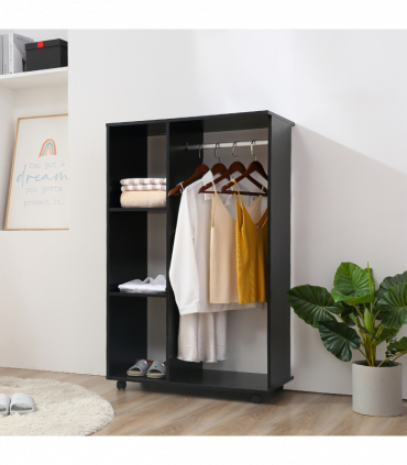 Rolling Open Wardrobe Hanging Rail Storage Shelves for Clothes, Black