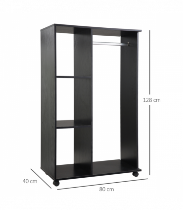 Rolling Open Wardrobe Hanging Rail Storage Shelves for Clothes, Black
