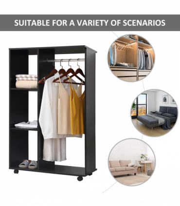 Rolling Open Wardrobe Hanging Rail Storage Shelves for Clothes, Black