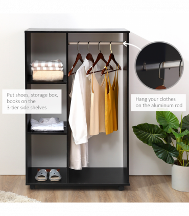 Rolling Open Wardrobe Hanging Rail Storage Shelves for Clothes, Black