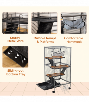 Rolling Small Animal Cage for Chinchillas Ferrets Kittens w/ Platform Ramp Tray