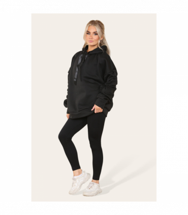 Ruched Sleeves Plus Size Hoodie with Satin Ribbon - Stylish Comfort