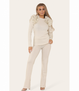 Ruffle Frill Shoulder Ribbed Loungewear Co-Ord Top & Trouser Set