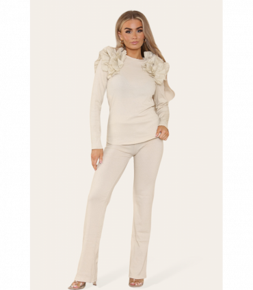 Ruffle Frill Shoulder Ribbed Loungewear Co-Ord Top & Trouser Set