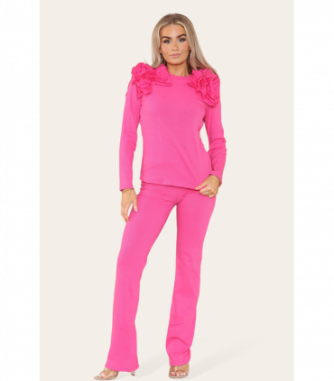 Ruffle Frill Shoulder Ribbed Loungewear Co-Ord Top & Trouser Set