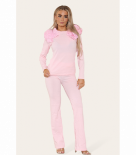 Ruffle Frill Shoulder Ribbed Loungewear Co-Ord Top & Trouser Set