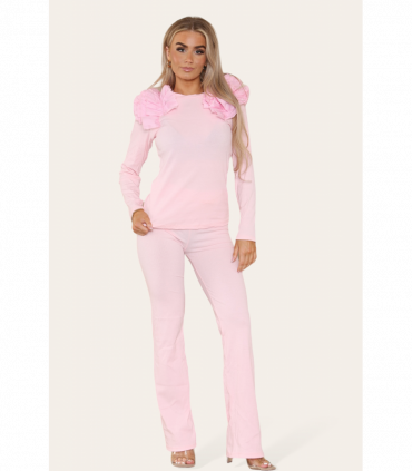 Ruffle Frill Shoulder Ribbed Loungewear Co-Ord Top & Trouser Set