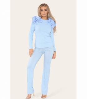 Ruffle Frill Shoulder Ribbed Loungewear Co-Ord Top & Trouser Set