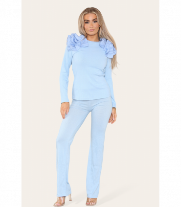 Ruffle Frill Shoulder Ribbed Loungewear Co-Ord Top & Trouser Set