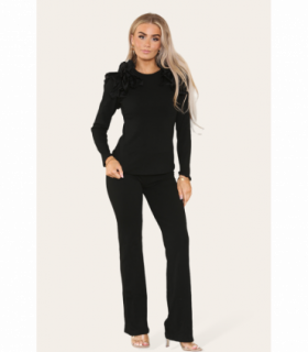 Ruffle Frill Shoulder Ribbed Loungewear Co-Ord Top & Trouser Set