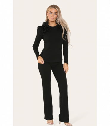 Ruffle Frill Shoulder Ribbed Loungewear Co-Ord Top & Trouser Set