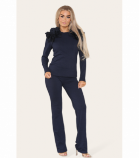 Ruffle Frill Shoulder Ribbed Loungewear Co-Ord Top & Trouser Set