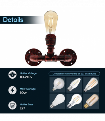 Rustic Red Vintage Industrial Light Holder E27 60W Dimmable NonDimmable Bulb