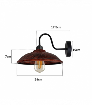 Rustic Red Wall Light Fixture, Vintage Black Wall Sconce E27 Base Socket Screw Wall Swan Neck Hemisphere Shape Shade