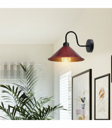 Rustic Red Wall Light Fixture,Black Wall Sconce E27 Base Socket Screw Type Wall Mounted Swan Neck Cone Shape Shade