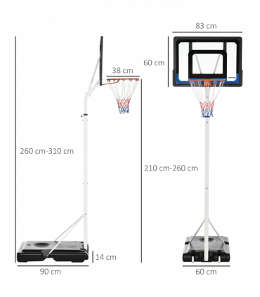 SPORTNOW 2.1-2.6m Basketball Hoop and Stand w/ Weighted Base, Wheels, White