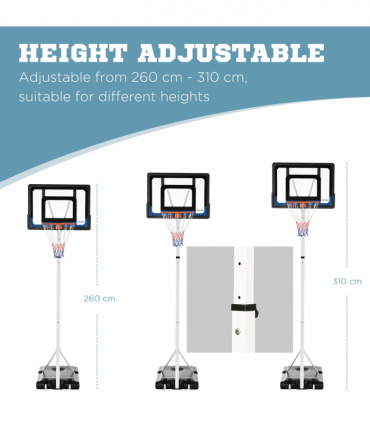 SPORTNOW 2.1-2.6m Basketball Hoop and Stand w/ Weighted Base, Wheels, White