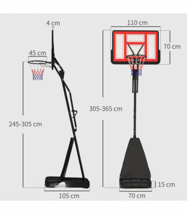 SPORTNOW 2.45-3.05m Portable Basketball Hoop and Stand with Wheels, Red