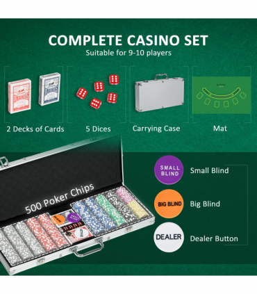 SPORTNOW 500-Piece Poker Chips Set w/ Mat, Aluminium Case, Two Decks of Cards