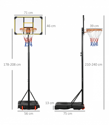 SPORTNOW Adjustable Basketball Hoop and Stand w/ Wheels, 1.8-2.1m, Yellow