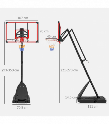 SPORTNOW Adjustable Basketball Hoop with Weighted Base, 2.4-2.9m, Red