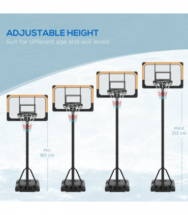 SPORTNOW Basketball Backboard Hoop Net Set System with Wheels, 182-213cm, Black