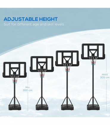 SPORTNOW Basketball Backboard Hoop Net Set with Wheels, 200-305cm, Black