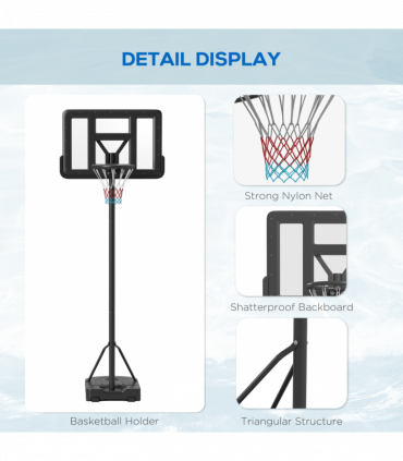 SPORTNOW Basketball Backboard Hoop Net Set with Wheels, 200-305cm, Black
