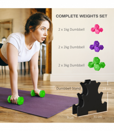 SPORTNOW Hex Dumbbells Set with Dumbbell Rack, 2 x 1kg, 2 x 2kg, 2 x 3kg