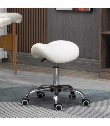 Saddle Stool Hydraulic Rolling Faux Leather Height Adjust Mobility Chair Cream