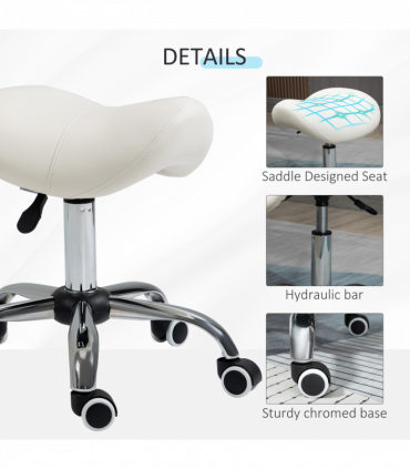 Saddle Stool Hydraulic Rolling Faux Leather Height Adjust Mobility Chair Cream