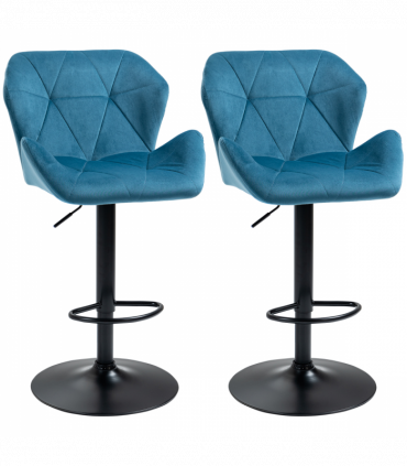 Set Of 2 Luxurious Velvet-Touch Bar Stools w/ Metal Frame Footrest Base Blue