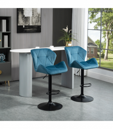 Set Of 2 Luxurious Velvet-Touch Bar Stools w/ Metal Frame Footrest Base Blue