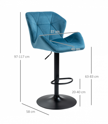 Set Of 2 Luxurious Velvet-Touch Bar Stools w/ Metal Frame Footrest Base Blue