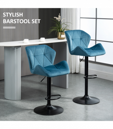 Set Of 2 Luxurious Velvet-Touch Bar Stools w/ Metal Frame Footrest Base Blue