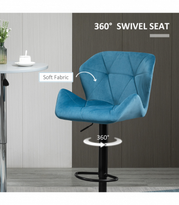 Set Of 2 Luxurious Velvet-Touch Bar Stools w/ Metal Frame Footrest Base Blue