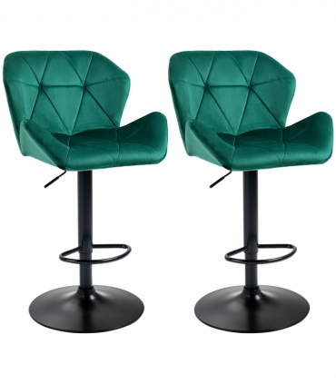 Set Of 2 Luxurious Velvet-Touch Bar Stools w/ Metal Frame Footrest Base Green