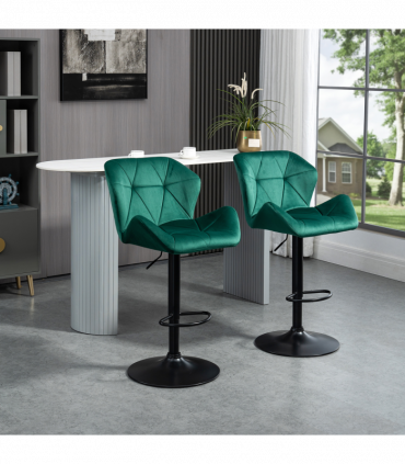 Set Of 2 Luxurious Velvet-Touch Bar Stools w/ Metal Frame Footrest Base Green