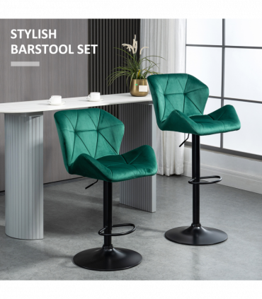 Set Of 2 Luxurious Velvet-Touch Bar Stools w/ Metal Frame Footrest Base Green