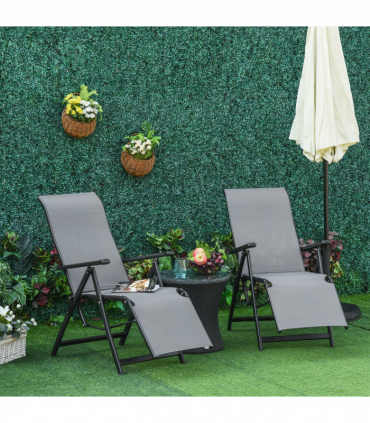 Set Of 2 Outdoor Sun Recliner Loungers with Adjustable Footrest, Grey