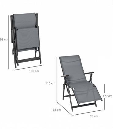 Set Of 2 Outdoor Sun Recliner Loungers with Adjustable Footrest, Grey