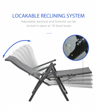 Set Of 2 Outdoor Sun Recliner Loungers with Adjustable Footrest, Grey