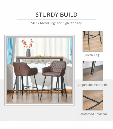 Set Of 2 Retro PU Leather Bar Chairs Set Stylish w/ Footrest Metal Frame